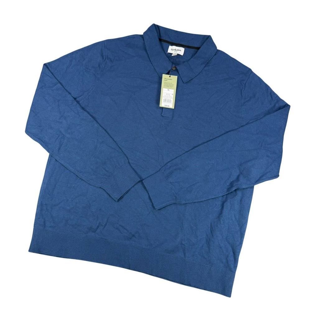 Goodfellow Mens XL Blue Cotton Blend Long Sleeve Knit Polo Sweater Casual Basic